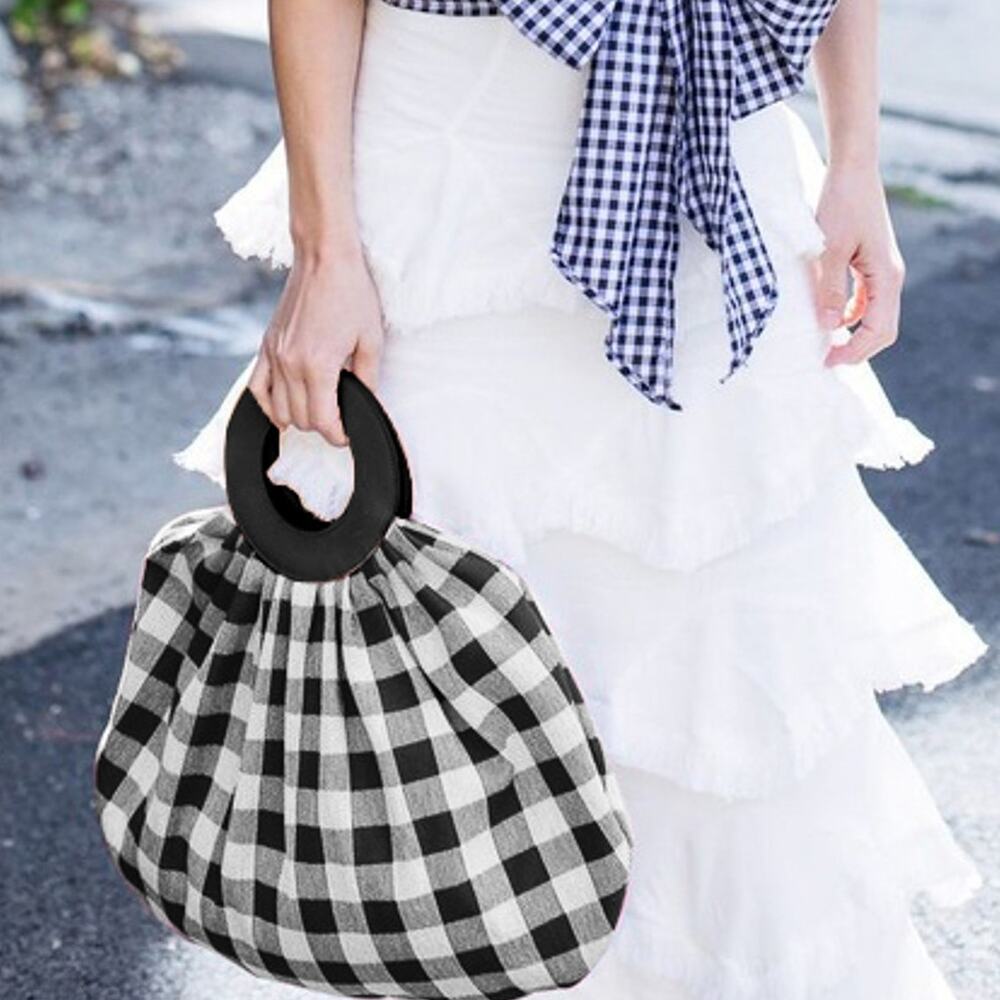 Mansur Gavriel Checkered Market Bag Black White Gingham Canvas Large Plaid‎